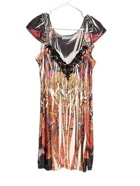 Unity World Wear Stretch Midi Dress Lace Accented Neckline Women’s Size Medium